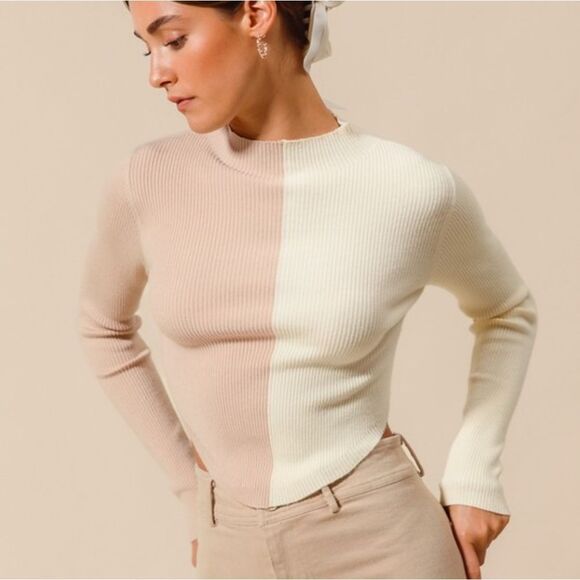 0SO ME Color Block Fitted Crop Sweater Top Two-Tone Ribbed Sweater Sz Sm Md - Picture 4 of 14